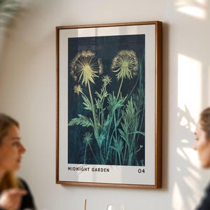 Stampa artistica con motivo a dente di leone, stampa botanica da parete blu, poster con fiori selvatici, illustrazione floreale in xilografia, decorazione con piante rilassanti, 386