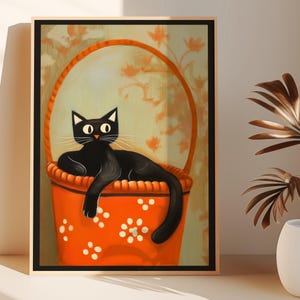 Retro schwarze Katze im Korb, Vintage-Stil Katze Kunstdruck, süßes, wunderliches Wanddekor, gemütliches Herbst Haustier Poster, Katzenmutter, Geschenk der 70er Jahre, 377