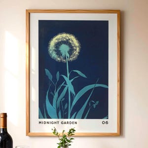 Midnight Garden, stampa botanica da parete blu, stampa floreale in xilografia, illustrazione di tarassaco, poster in stile arte popolare malinconica, regalo semplice, 384