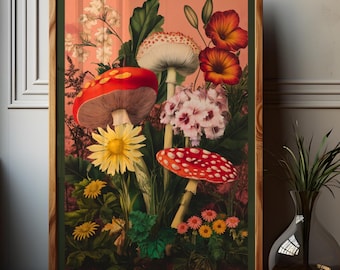 Vintage Mushroom Flower Print, Maximalist Botanical Wall Art, Cottagecore Toadstool Poster With Wildflowers For Eclectic Fantasy Decor, 335