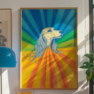 Póster de perro setter rojo radiante retro, arte mural de perro moderno, estampado de mascota con rayos de arcoíris, regalo vintage de perro naranja y azul, perro estilo años 70, 062