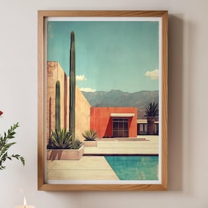 Stampa del deserto in stile Mid-Century Modern, stampa murale in stile retrò di Palm Springs, poster di cactus a bordo piscina, arte architettonica minimalista, 307B