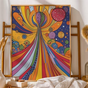 Impresión de póster psicodélico de los años 70, arte de arcoíris cósmico dibujado a mano, decoración de pared maximalista, obra de arte de festival retro, impresión abstracta alegre, 125