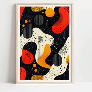 Póster abstracto orgánico retro, estampado en tonos crema, rojo, naranja y crema con formas y puntos modernos, arte mural gráfico moderno, 412B