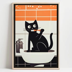 Funny Bathroom Cat Poster, Brush Your teeth Picture, Brushing Teeth Wall Art Kids Gift, Black Cat Bathroom Decor, Playful Animal Print, 326