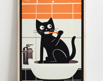 Funny Bathroom Cat Poster, Brush Your teeth Picture, Brushing Teeth Wall Art Kids Gift, Black Cat Bathroom Decor, Playful Animal Print, 326