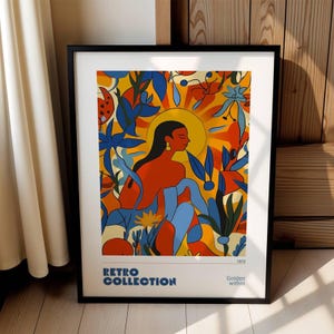 Golden Within, Impresión artística de una mujer radiante de los años 70, Arte mural botánico retro abstracto, Póster azul anaranjado vibrante, Sol femenino moderno, 096