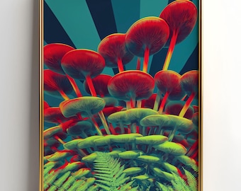 May include: A framed art print depicting a cluster of stylized mushrooms in vivid colours. The mushrooms have red caps and stems, with green gills, set against a teal background with dark blue rays. Ferns are at the base.