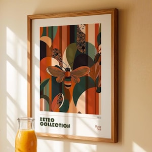 Lámina de arte mural "Abeja trabajadora", póster retro de insectos de los años 70, decoración abstracta en tonos tierra, naranja y verde, obra de arte bohemio natural, 013