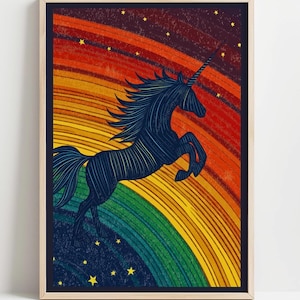 Arte murale con unicorno retrò, poster con cavallo arcobaleno anni '70, stampa mitologica audace per cameretta di bambini o adolescenti, decorazione magica e celeste, immagine fantasy con stelle 001