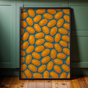 Decorazione murale con fagioli al forno, stampa retrò blu per cucina, poster di cibo divertente, decorazione per dispensa in stile pop art, poster audace di metà secolo, regalo originale per la cucina, 218
