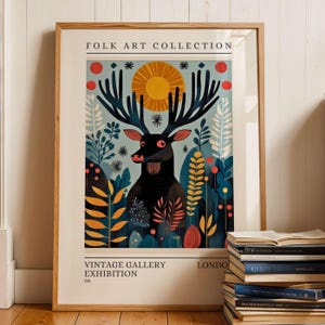 Decorazione murale con cervi folk, stampa di animali del bosco, arredamento folk moderno, poster boho del bosco, stampa di animali selvatici scandinavi, mostra, 169