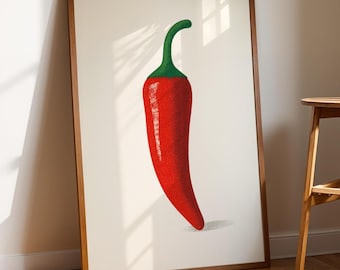 Red Chilli Pepper Poster, Retro Kitchen Vegetable Art, Midcentury Food Illustration Print, Hot Pepper Wall Decor, 202