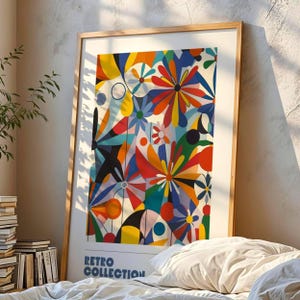Flor silvestre, arte mural floral retro moderno, estampado floral geométrico de los años 70, decoración maximalista colorida para el hogar, obra de arte de estilo vintage audaz, póster A1 020