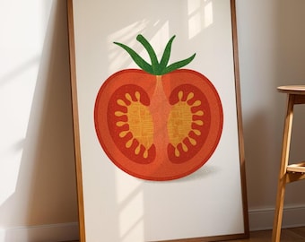 May include: A framed print featuring a stylized illustration of a halved tomato. The tomato is a vibrant red with a textured appearance, showcasing the seeds and inner flesh. The artwork has a vintage aesthetic, with a wooden frame.