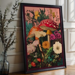 Vintage Pilz Und Blumen Druck, Maximalistische Botanische Wand Kunst Mit Fliegenpilzen, Fairycore Cottagecore Dekor Für Wunder Häuser, Geschenk, 336