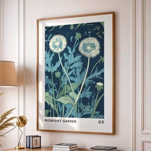 Decorazione murale con dente di leone, stampa botanica minimalista, poster floreale in stile xilografia, illustrazione di una pianta blu, idea regalo naturalistica, stile scandinavo, 385