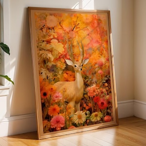 Herbst Hirsch Wandbild, Goldener Wald Tierdruck, Warmer Herbst Blumenwald Poster, Gemütliches Cottagecore Dekor, Herbstfarbe, Süßes Rehkitz Bild 040