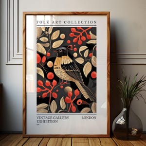Lámina de arte de aves folclóricas, decoración de pared escandinava de frutos rojos, póster de aves del bosque oscuro, lámina bohemia folk pop, obra de arte animal místico, Forestcore, 167