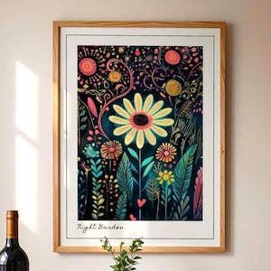 Giardino notturno, stampa di margherite in stile folk, audace arte murale floreale, poster botanico boho celeste, regalo floreale stravagante, arte vintage malinconica, 306