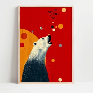 May include: Framed art print featuring a stylized polar bear with its mouth open, set against a vibrant red background. The bear transitions from white to dark blue. The artwork includes orange and yellow circles, and a flock of black birds.