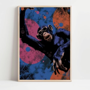 Monkey Pop Art Print, Cool Chimpanzee Wall Art, Retro Psychedelic Jungle Poster, Blue And Orange Animal Decor, Funky Gift For Him, 493B