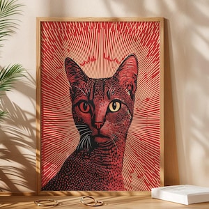 Póster de gato pop art, estampado retro de gato, arte mural psicodélico rojo de los años 70, ilustración felina moderna y audaz, decoración felina original, 027