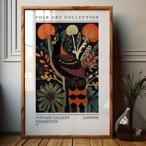 Arte mural de pájaros folclóricos, impresión floral bohemia de naturaleza, póster de pájaro negro y coral, decoración de arte folclórico moderno, impresión maximalista melancólica, Vintage Gallery, 166