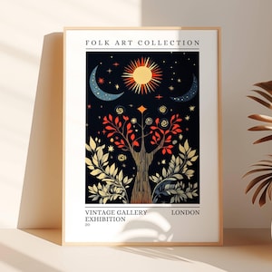 Dunkler Mond, Himmlischer Baum Art Print, Mond und Sterne Wandkunst, Mystische Folk Style Nachthimmel Poster, Vintage Folklore Hexe Print, 188