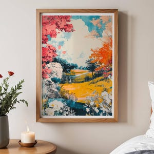 Whimsical Floral Meadow Print, Vibrant Fantasy Landscape Poster, Dreamy Nature Scene Wall Art, Colourful Garden Illustration Artwork 384