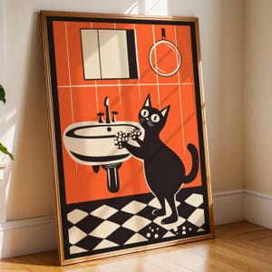 Lámina retro de gato para baño, divertido gato negro lavándose las patas, arte mural infantil para baño, póster de animal naranja brillante, regalo para lavarse las manos, 381