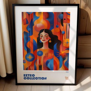 Lámina artística de mujer maximalista de Star Fire, arte mural retro de los años 70, póster bohemio femenino, ilustración colorida y llamativa, decoración abstracta celestial, 021
