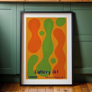 Póster de lámpara de lava retro naranja y verde, impresión de pared de arte pop de los años 70, decoración abstracta y moderna para el hogar, póster nostálgico de mediados de siglo, colorido y moderno, 276