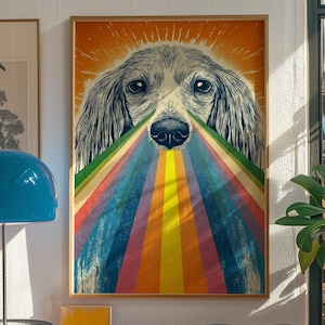 Impresión artística retro de cachorro radiante, póster con rayos de arcoíris, arte mural colorido para mascotas, perro funky estilo años 70, regalo vibrante para amantes de los perros, arte moderno, 064