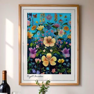 Stampa di fiori selvatici stravaganti, poster botanico di arte popolare vivace, regalo per giardino notturno, decorazione floreale massimalista Cottagecore, Blue Vintage363