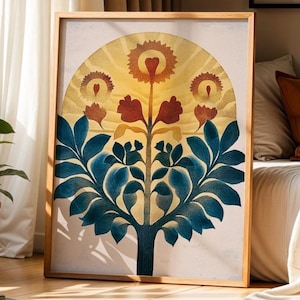 Girasole di arte popolare, regalo da giardino, decorazione da parete botanica con petali a forma di cuore per camera da letto o soggiorno, stampa naturalistica simbolica, poster vintage con raggi di sole, 407