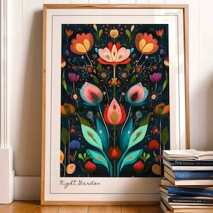 Jardin de nuit, art mural floral art populaire, cottagecore coloré, impression botanique, affiche de fleurs de mauvaise humeur, décoration fantaisiste nature audacieuse, 319