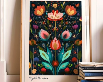 Nachtgarten, Volkskunst, Blumenwand, Bunt Cottagecore, Botanischer Druck, Dunkles, launisches Blumen Poster, Natur, wunderliches Dekor, 319