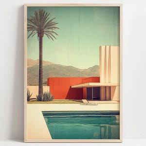 Art mural Palm Springs, affiche d&#39;architecture moderniste, impression au bord de la piscine du milieu du siècle, cadeau déco désert moderne, oeuvre de la maison rouge, 565B