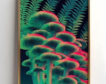 Magic Fungi Forest Print, Psychedelic Mushroom Wall Art Student Gift, Neon Trippy Dorm Boho Or Witchy Home Decor, Game room art, 660B