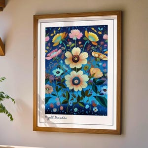 Stampa di fiori selvatici stravaganti, poster botanico di arte popolare vivace, regalo per giardino notturno, decorazione floreale massimalista Cottagecore, Blue Vintage364