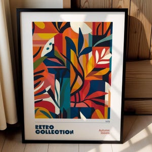 Póster botánico geométrico de hojas de otoño, arte mural abstracto retro, estampado colorido de los años 70, decoración maximalista y audaz para el hogar, 004