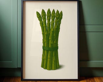 May include: A framed print featuring a detailed illustration of a bundle of green asparagus tied with a green band. The artwork has a vintage botanical style, with a light background and a black frame. The asparagus is rendered in shades of green.