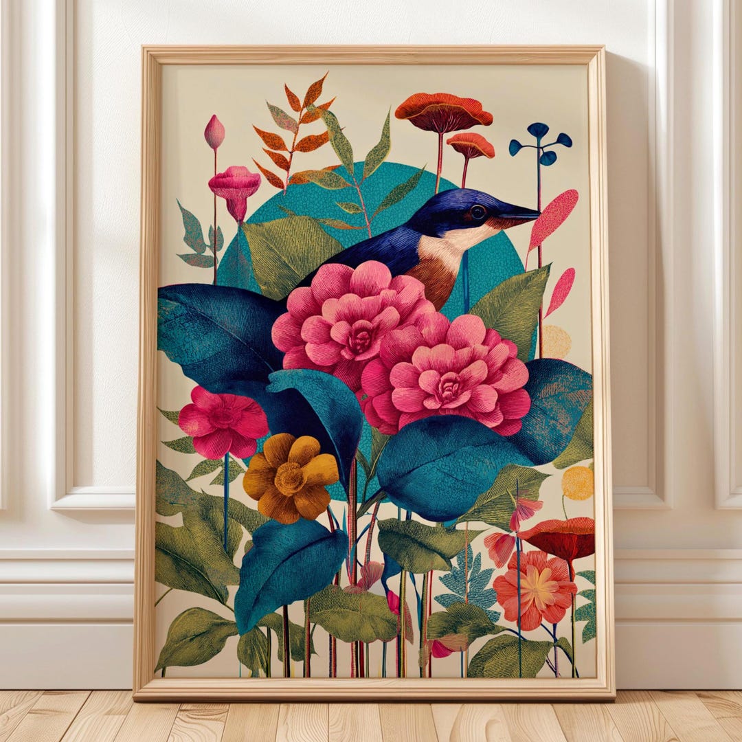 Vintage Botanical Blue Bird Print, Colourful Garden Wall Art ...