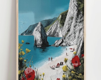 Sztuka ścienna z motywem plaży, retro nadruk z motywem morza, kolorowy plakat z motywem wybrzeża, wystrój vintage z podróży, pomysł na prezent świąteczny, odważna grafika, plaża w stylu pop-art 555B