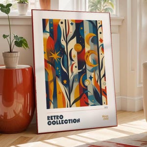 Niño Luna, Arte Celestial de los años 70, Impresión Abstracta de Luna y Estrella, Póster Espacial Retro, Decoración Boho Maximalista, Ilustración Cósmica Naranja Azul, 022