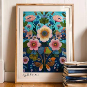 Folk Art Flower Print, Bright Botanical Wall Art, Colourful Floral Poster, Boho Bloom Illustration, Whimsical Blue Cottagecore Decor, 365