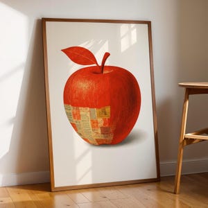 Poster di mela rossa, stampa murale di frutta in stile vintage, stampa collage di mele, cucina, illustrazione minimalista di mela retrò, arredamento moderno per buongustai, 193