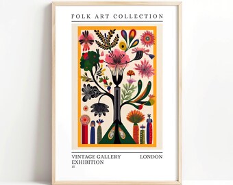 Folk Art Botanical print, Tree of Life Wall Art, Bold Floral Nature Decor, Boho Folk Poster, Modern Maximalist Home Print, 160