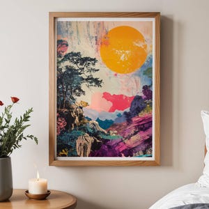 Psychedelic Mountain Landscape Poster, Bright Abstract Nature Art Print, Surreal Sun Collage Wall Decor, Dreamy Bold Colour Wall Art 372B